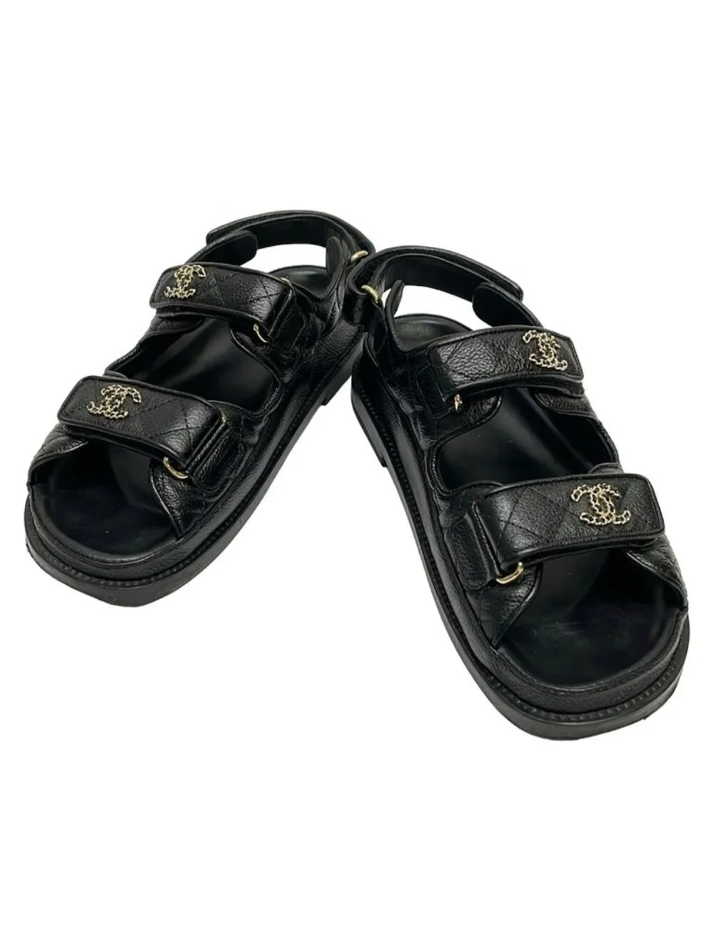 Chanel Sandals 36C Black Velcro CC Logo Gold Leather
